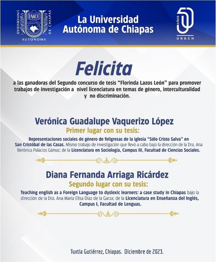 Reconoce UNACH a ganadoras del Concurso de Tesis  “Florinda Lazos León”