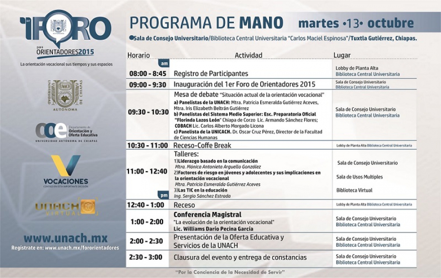 Invita UNACH al Primer  Foro para Orientadores 2015