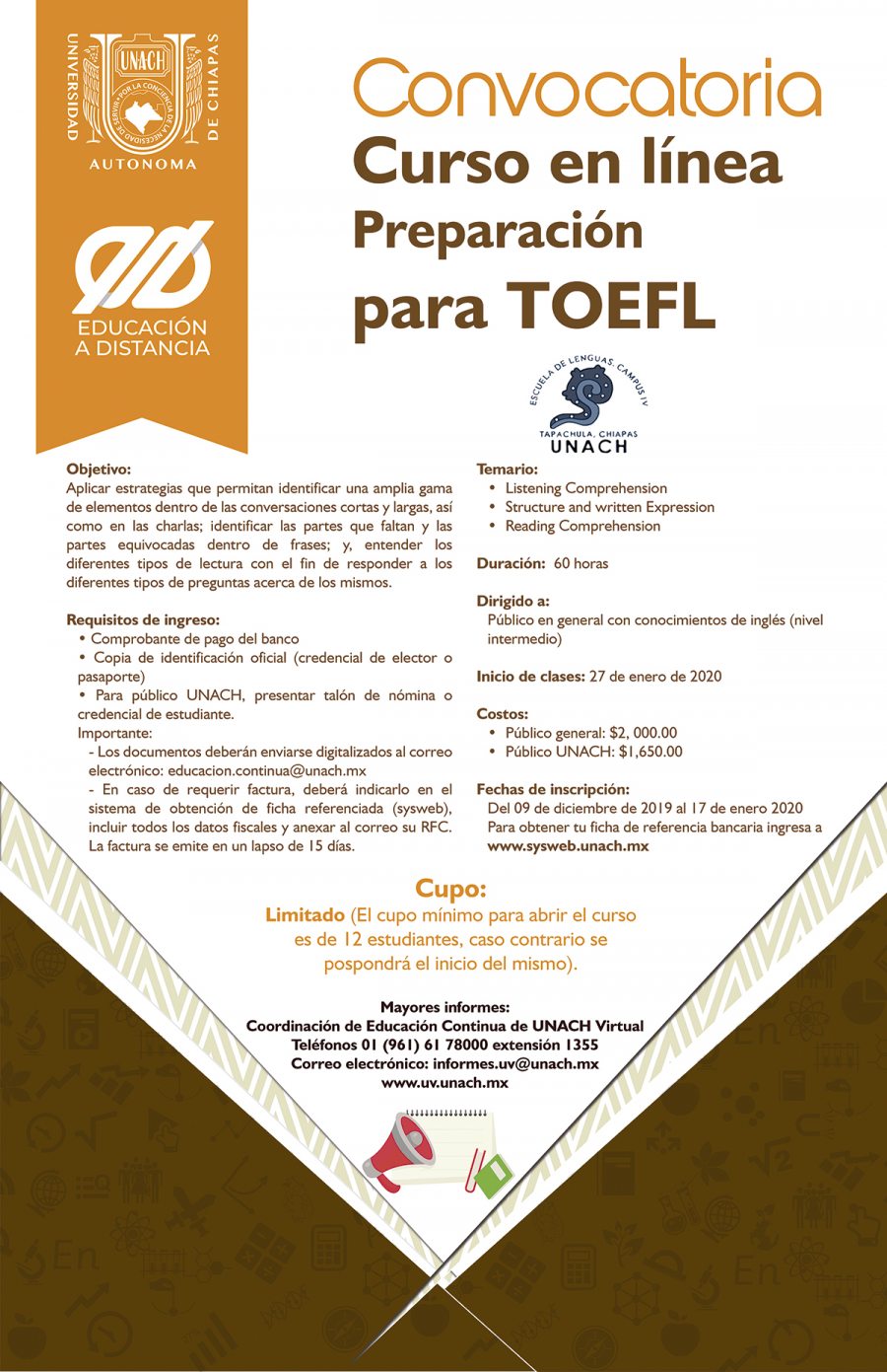 Emite UNACH Virtual convocatoria de curso de preparación para TOEFL en línea