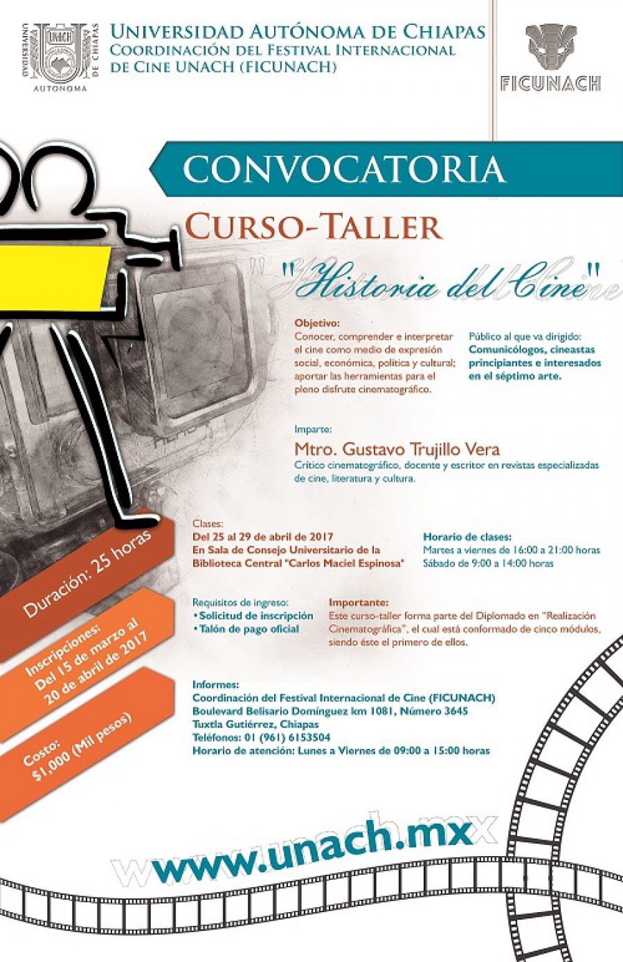 Cierra este jueves la convocatoria para participar en el Curso-Taller Historia del Cine ofertado por la UNACH