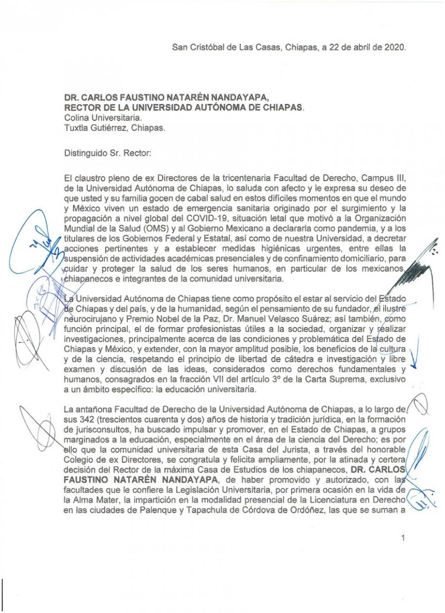 Reconocen exdirectores de la Facultad de Derecho de la UNACH la decisión de contar con nuevas extensiones en Tapachula y Palenque