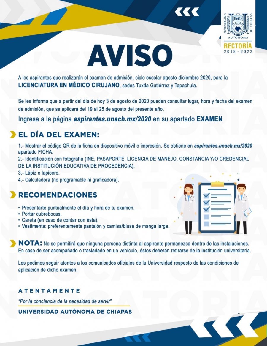Se realizará examen de admisión de la Licenciatura en Médico Cirujano de la UNACH bajo las medidas de sana distancia
