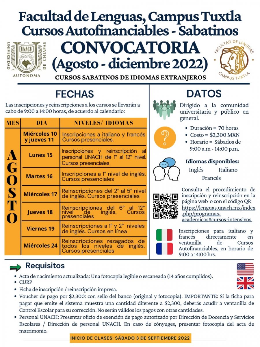 Abierta convocatoria para formar parte de los cursos sabatinos autofinanciables de lenguas extranjeras en la UNACH