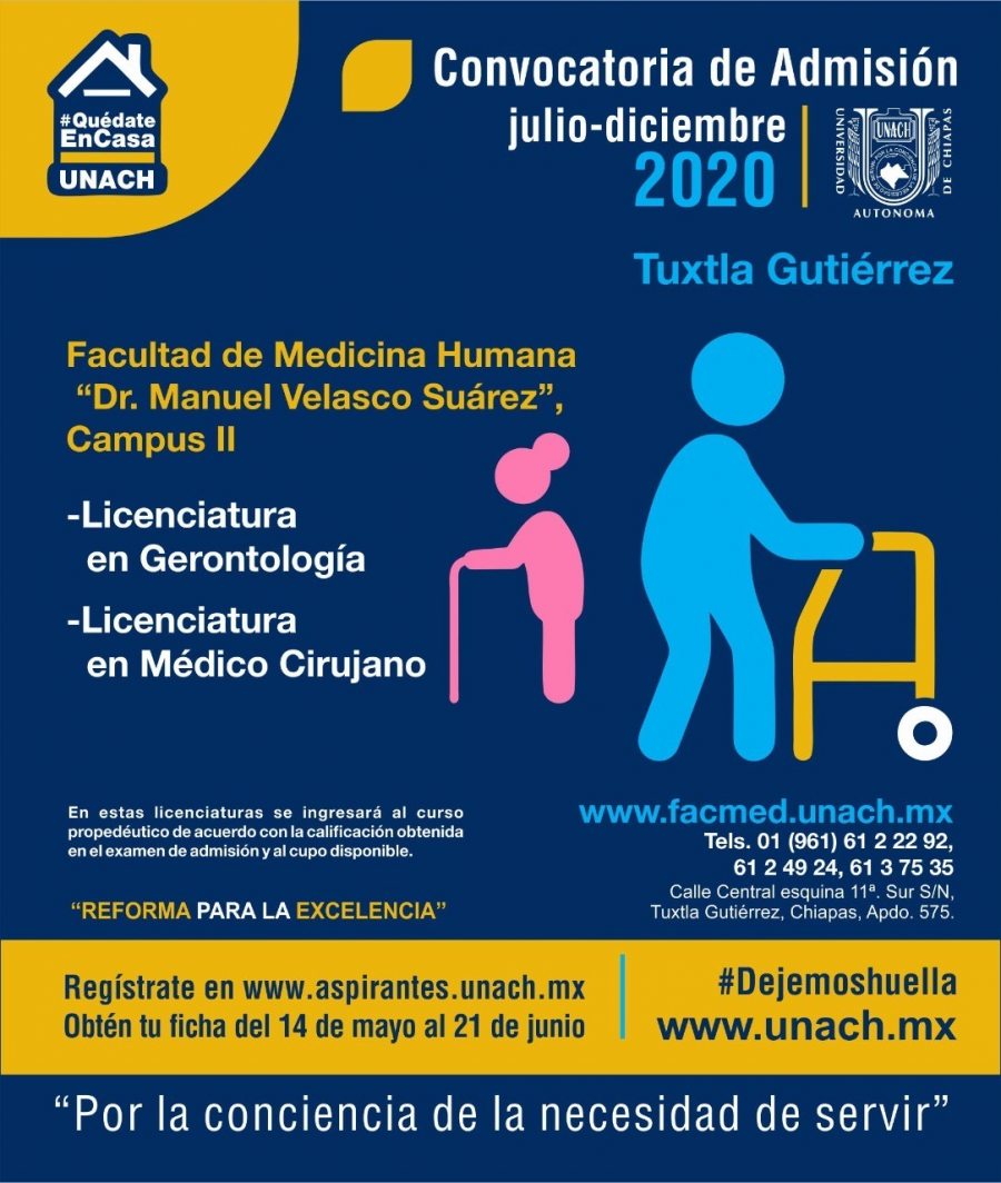 UNACH oferta la licenciatura en Gerontología en la convocatoria de admisión del ciclo escolar julio-diciembre 2020