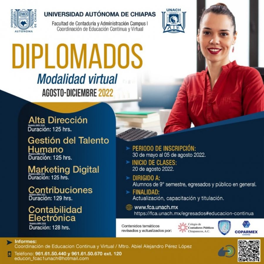 Continúa abierta la convocatoria para cursar diplomados  de titulación y capacitación en la UNACH