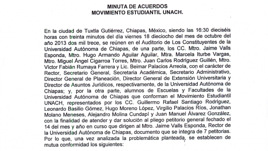 Minuta de Acuerdos. Movimiento Estudiantil UNACH.