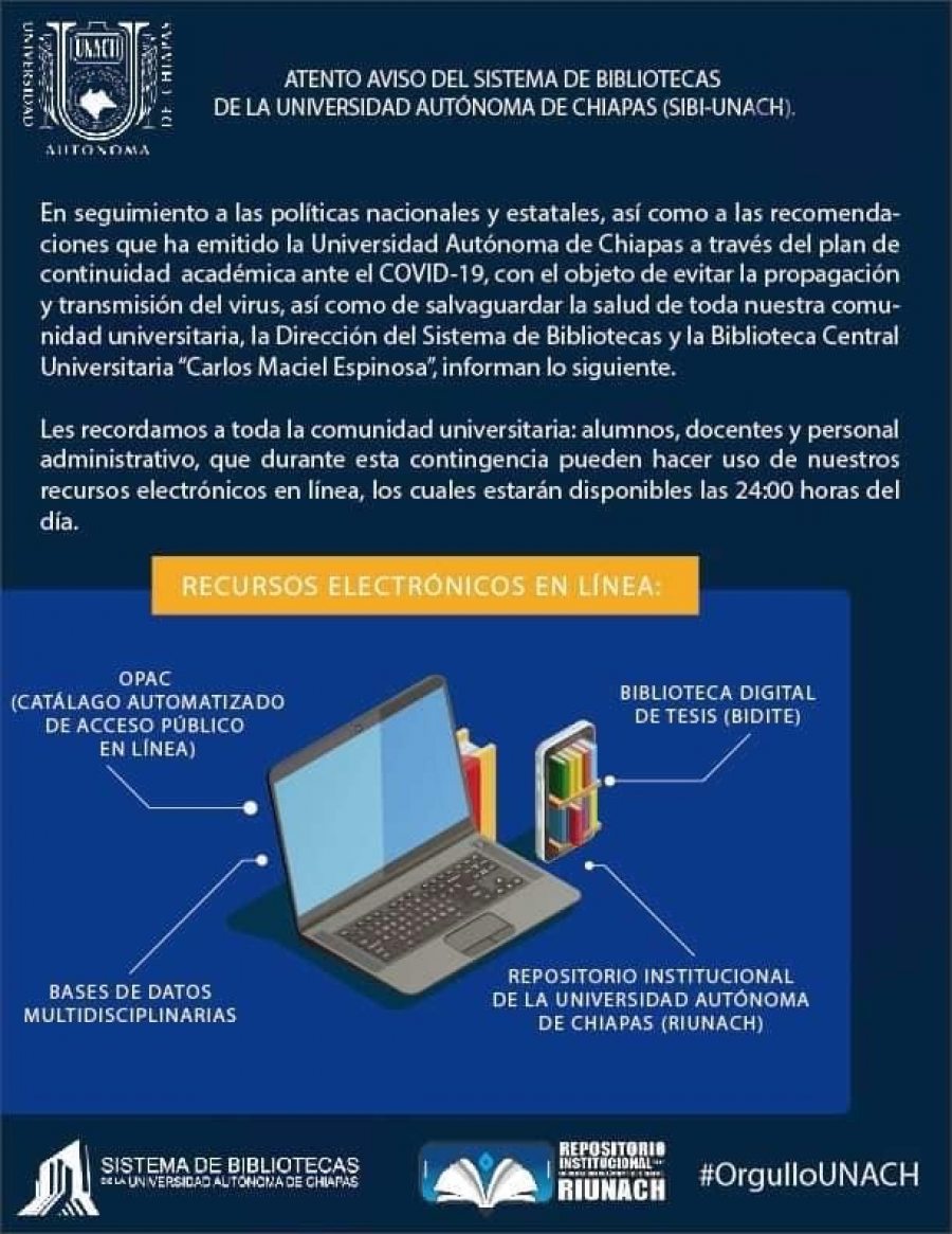 Disponen alumnos de la UNACH y sociedad en general de recursos en línea a cargo del Sistema de Bibliotecas para la consulta e investigación