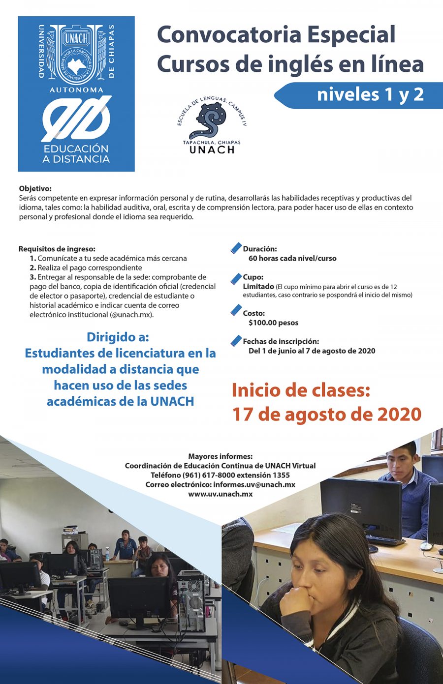 Emite UNACH Virtual convocatoria especial de cursos de inglés para sedes académicas