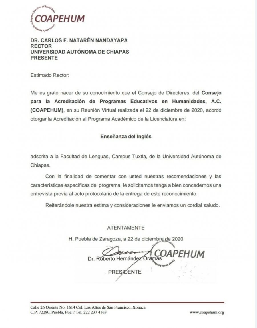 Acreditan a nivel nacional programa académico de la Facultad de Lenguas Tuxtla de la UNACH
