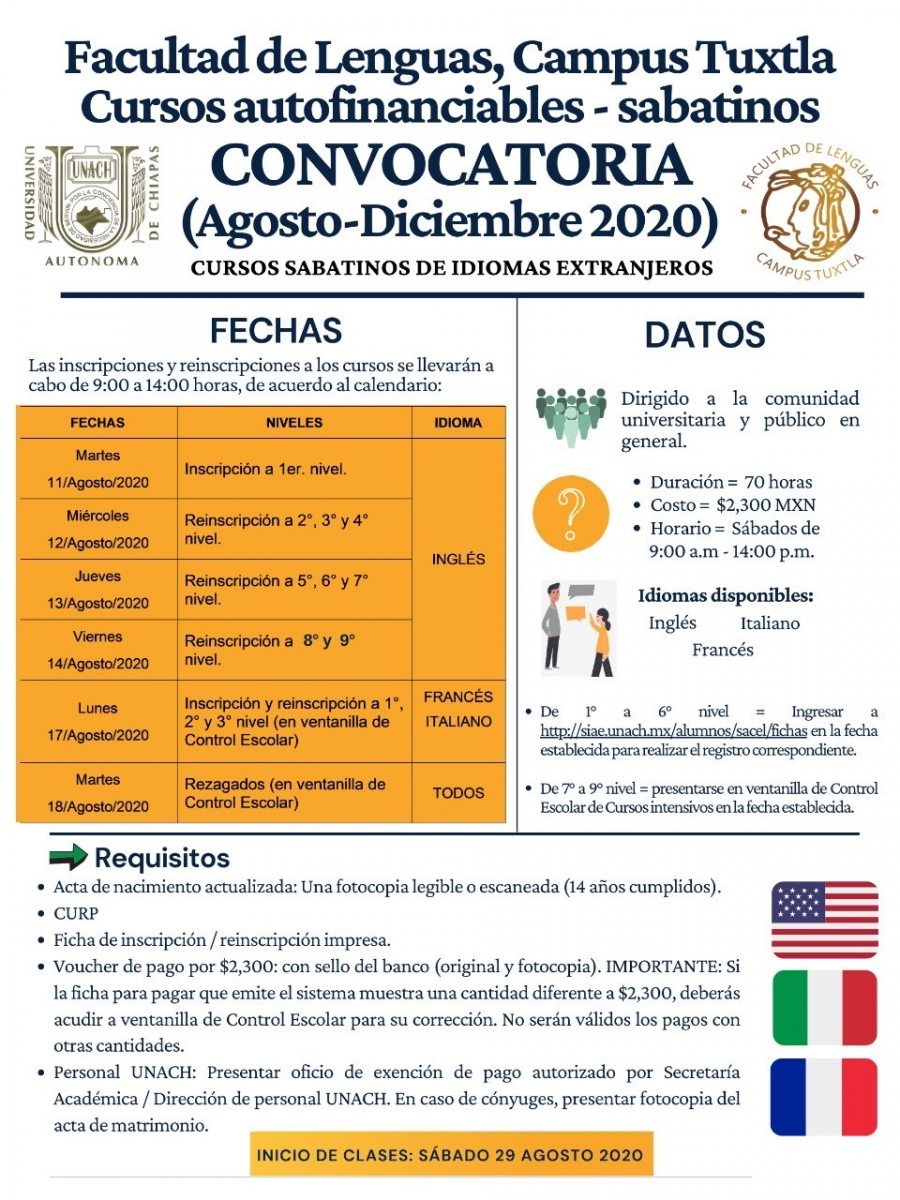 Oferta Facultad de Lenguas Tuxtla de la UNACH Cursos Autofinanciables Sabatinos