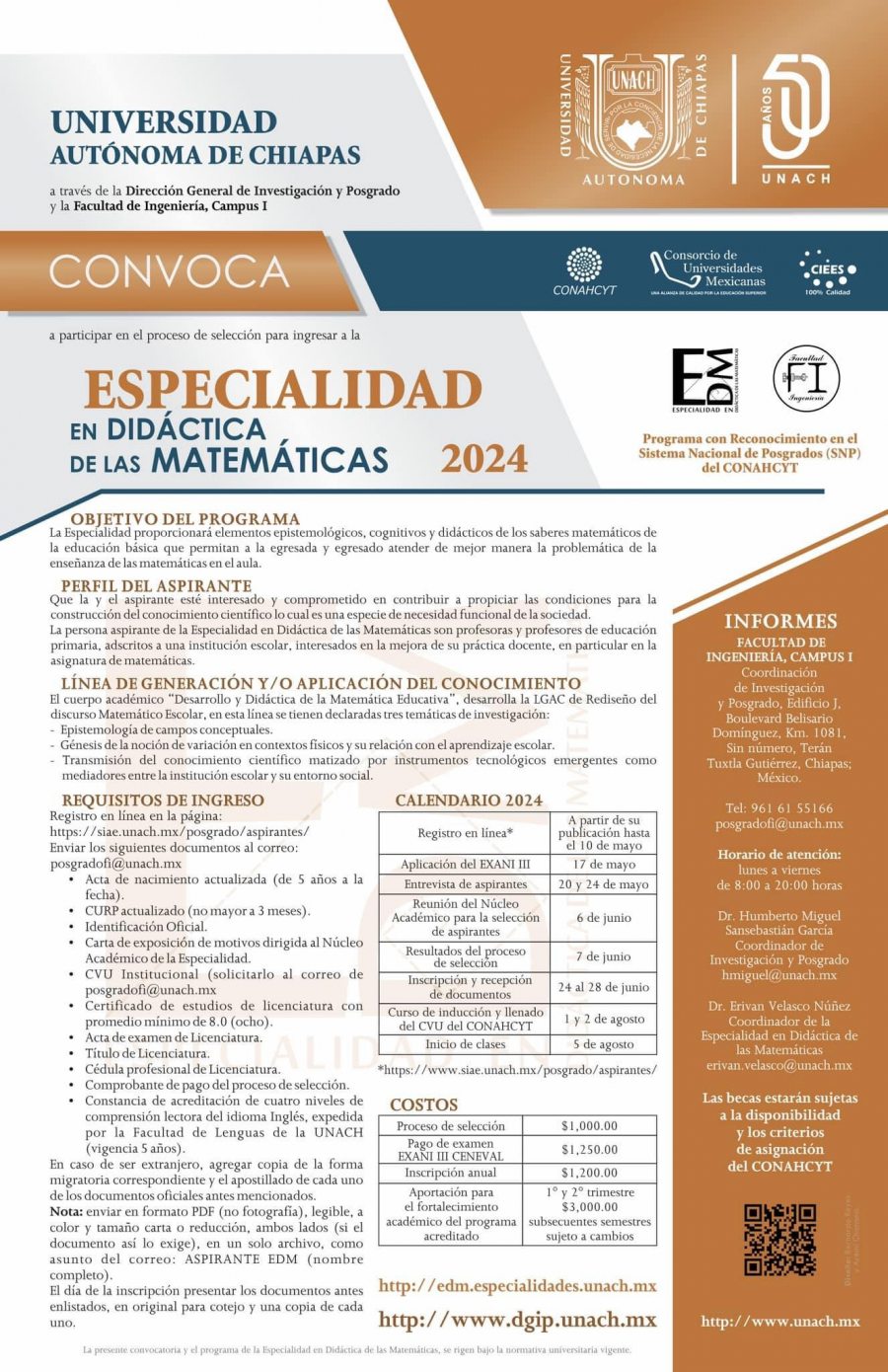 Continúa abierta la convocatoria de la Especialidad en Didáctica de las Matemáticas que imparte la UNACH