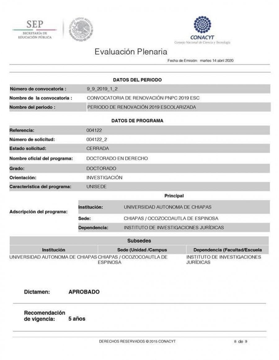 Avalan dentro del PNPC- CONACYT por 5 años más al Doctorado en Derecho que oferta la UNACH