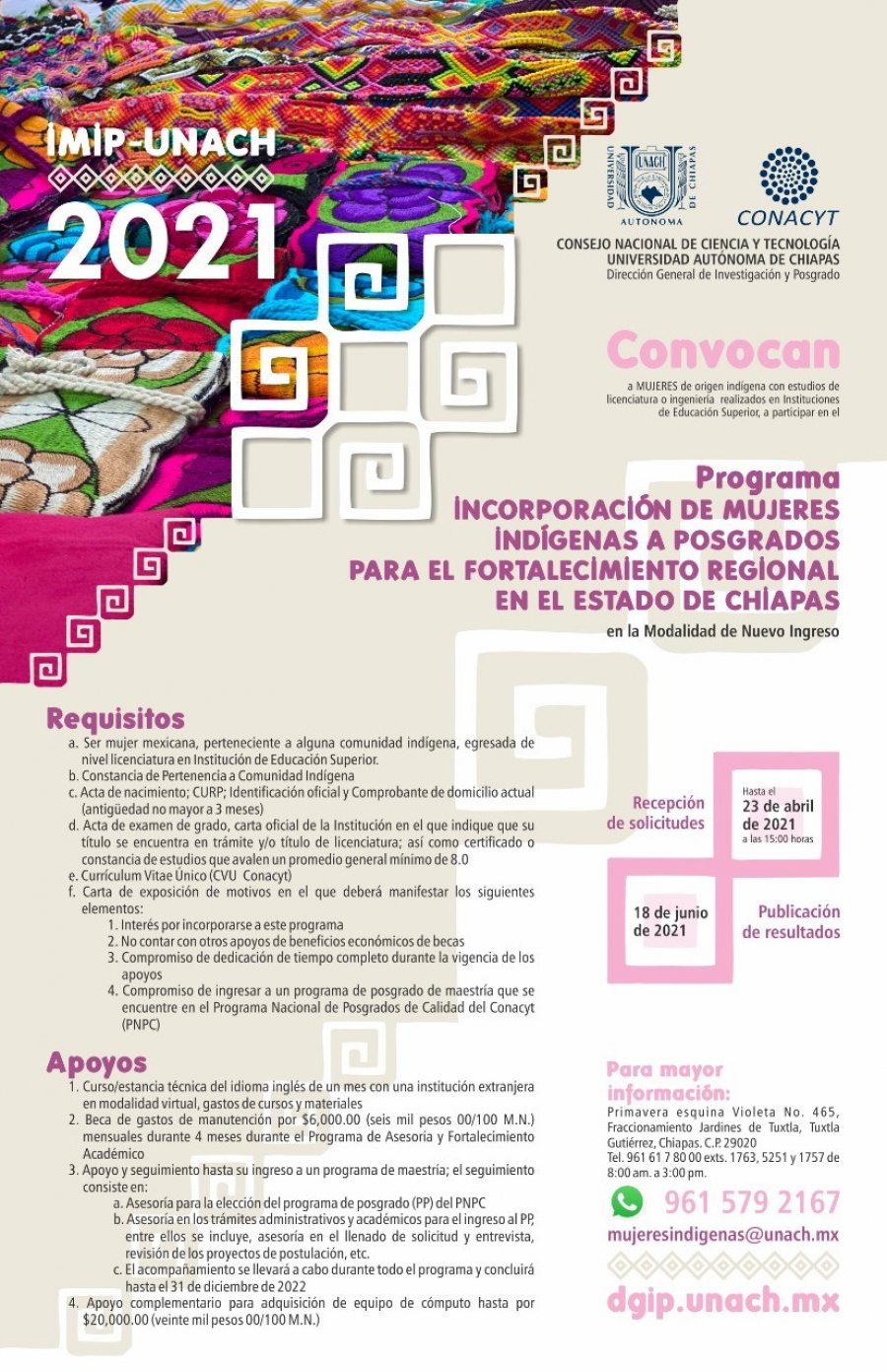 Convocan UNACH y CONACYT  a participar en el Programa Incorporación de Mujeres Indígenas a Posgrados