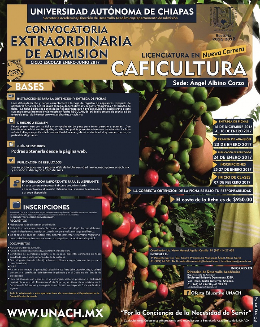 Lanza UNACH convocatoria extraordinaria para cursar la licenciatura en Caficultura