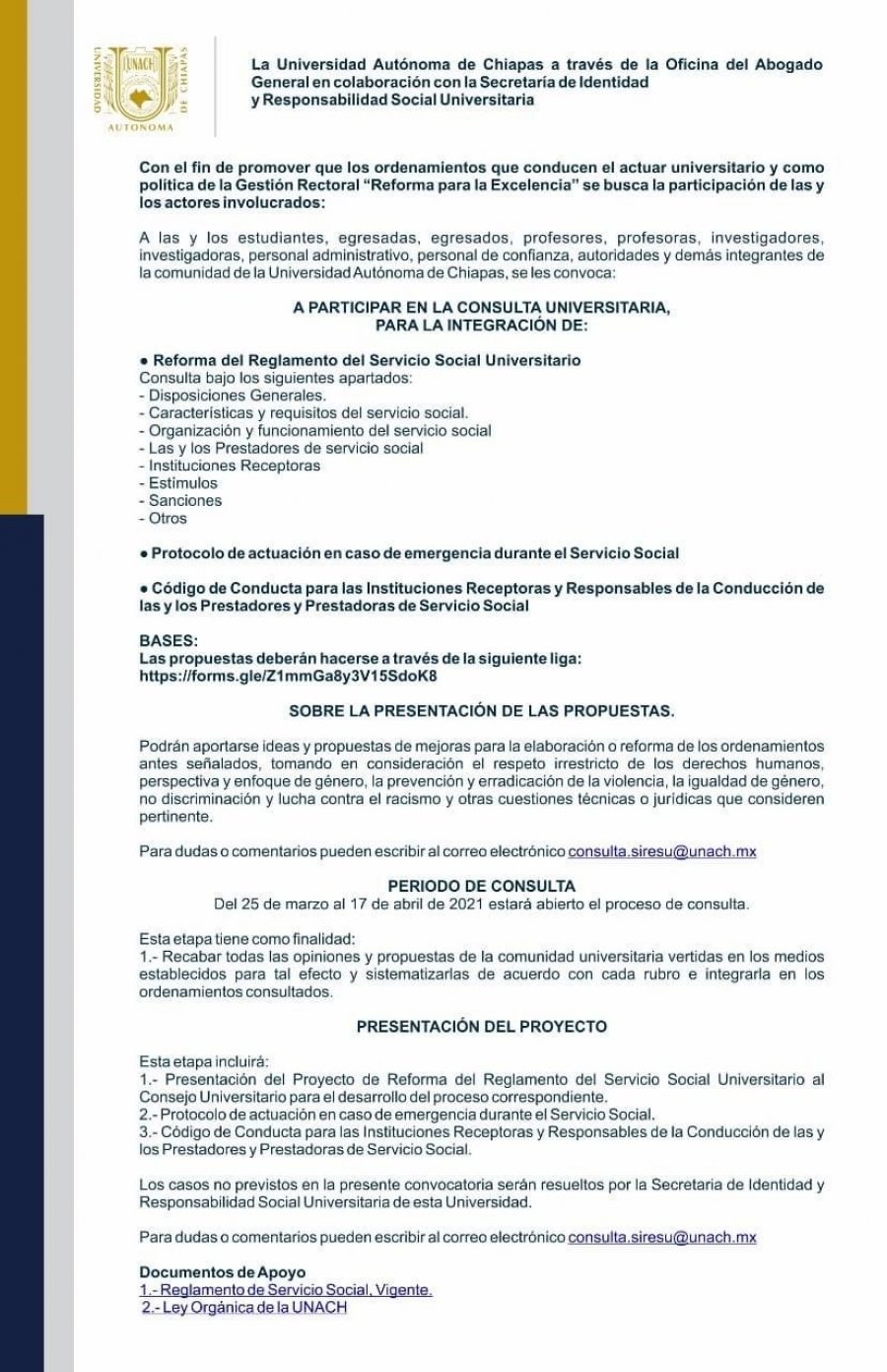 Convocan a comunidad UNACH a participar en  consulta para reformar reglamentos y protocolos institucionales