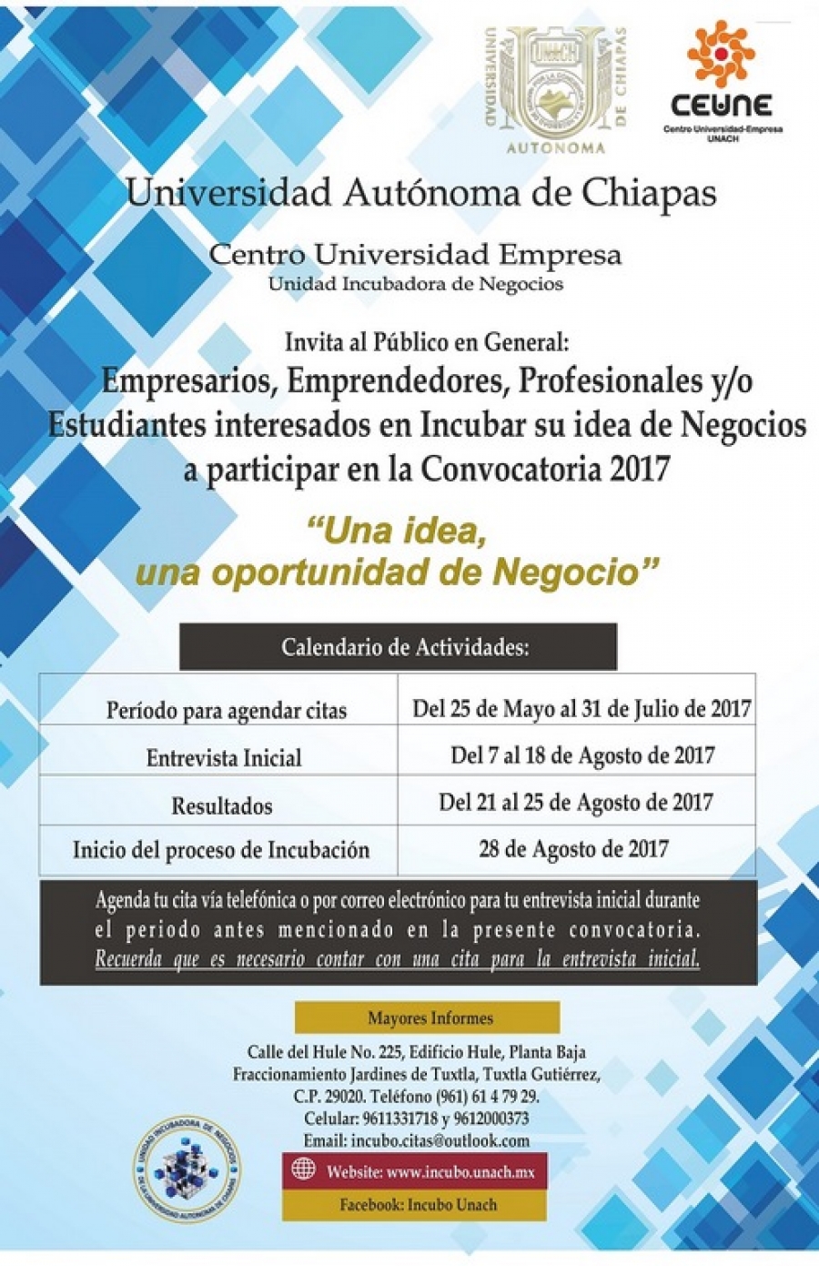 Lanza INCUBO UNACH su convocatoria 2017