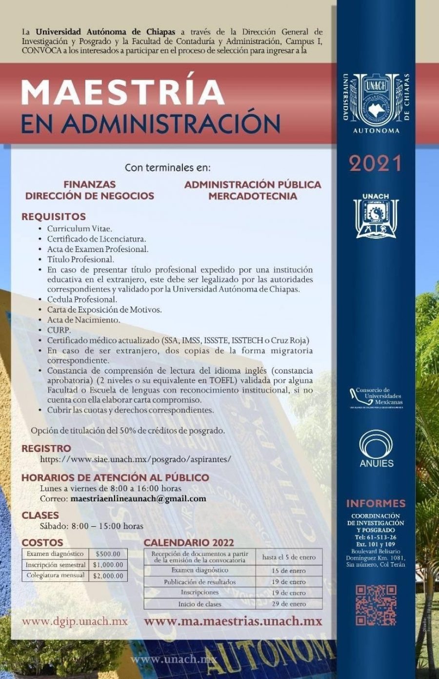 Abre UNACH la convocatoria para cursar la  Maestría en Administración