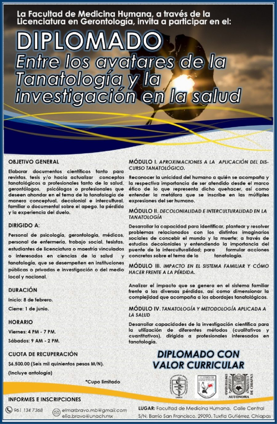 Impartirán en la UNACH el diplomado “Entre los avatares de la Tanatología y la investigación en la salud”