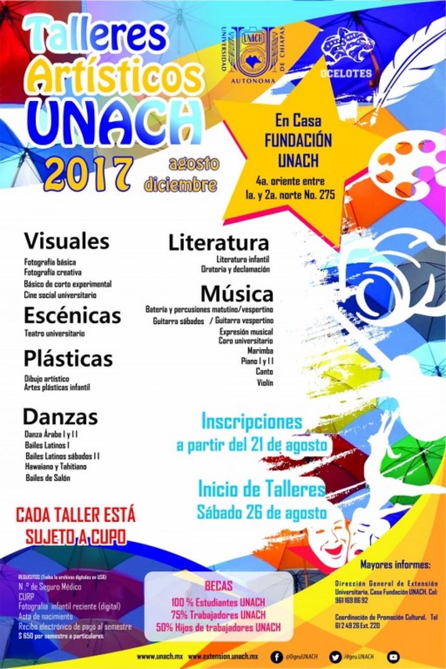 Abre UNACH convocatoria para los Talleres Artísticos agosto - diciembre 2017