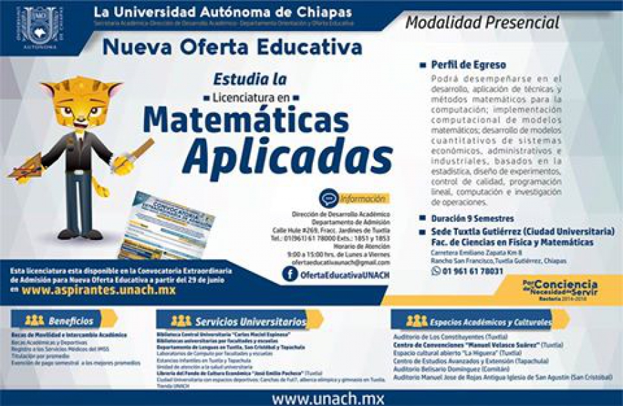 Abierto en la UNACH el proceso de entrega de fichas para el examen de admisión de la Licenciatura en Matemáticas Aplicadas