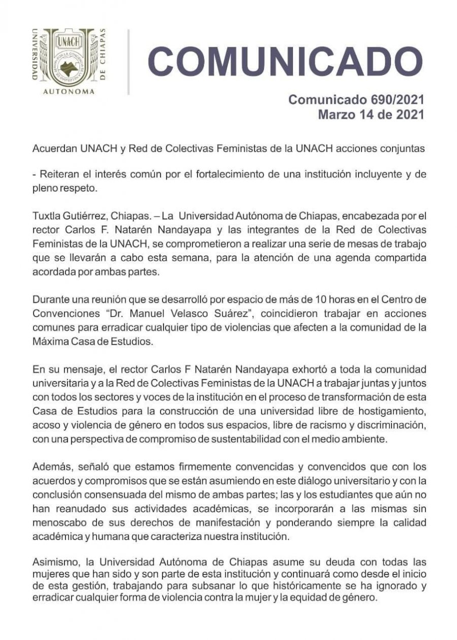 Acuerdan UNACH y Red de Colectivas Feministas de la UNACH acciones conjuntas