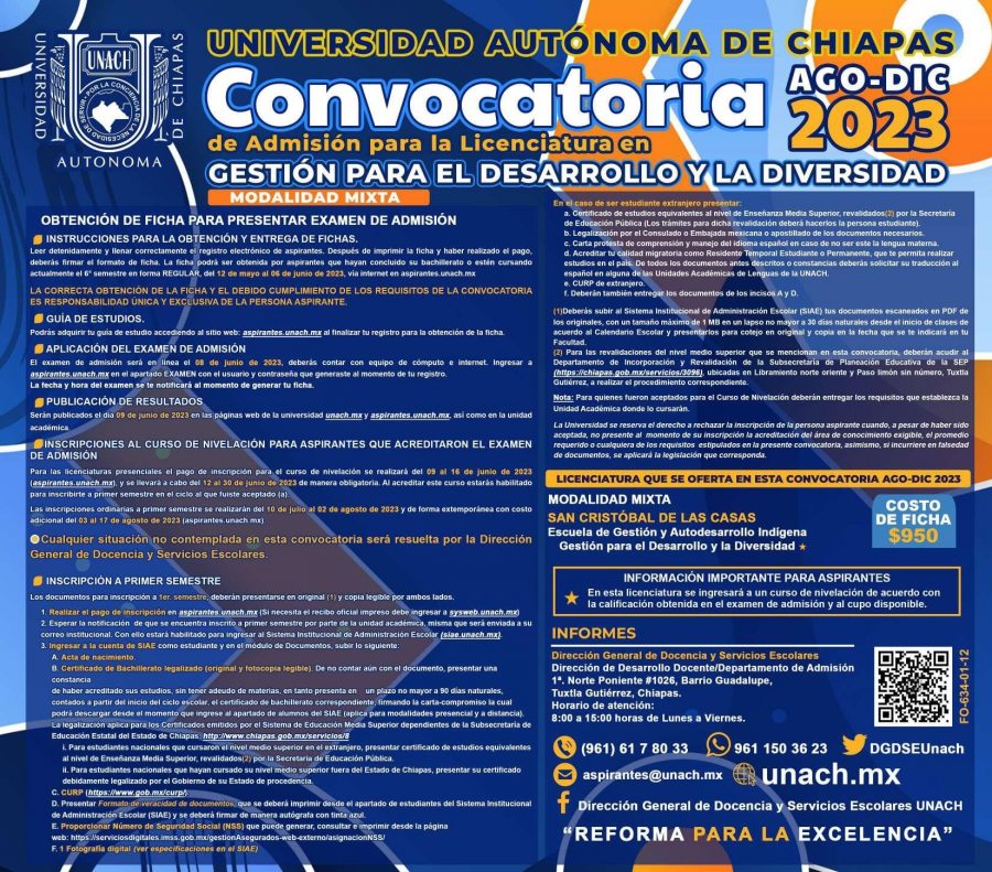 Abierta convocatoria para el examen de admisión de la Licenciatura en Gestión para el Desarrollo y la Diversidad que imparte la UNACH