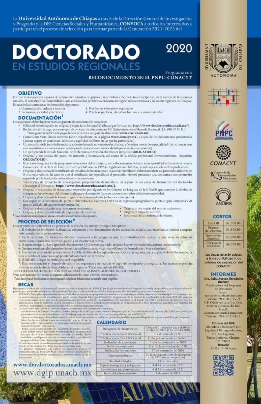 Se encuentra abierta la convocatoria del Doctorado en Estudios Regionales que oferta la UNACH
