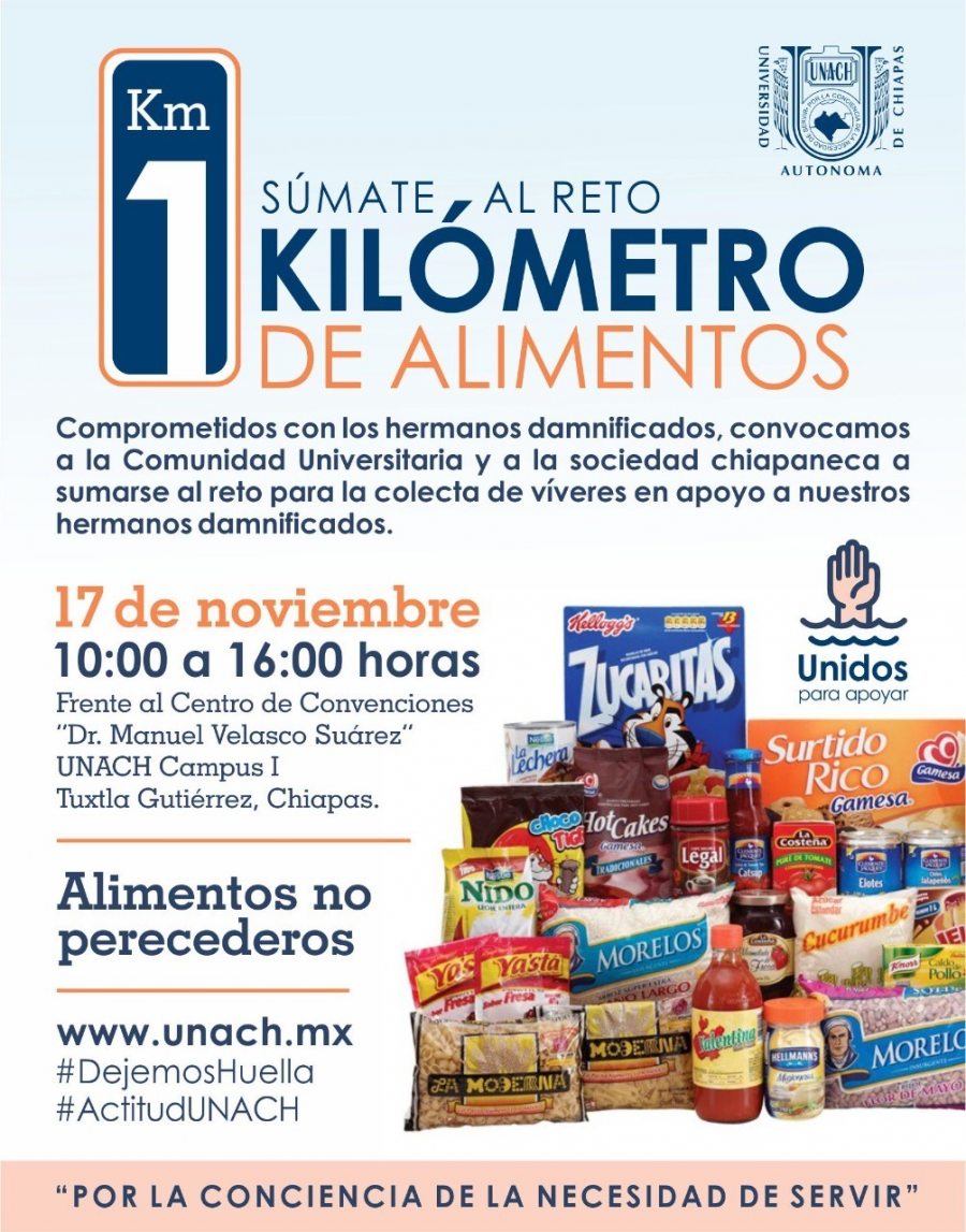 Invita UNACH a participar en el reto 1 kilómetro de alimentos en apoyo a los damnificados por las lluvias