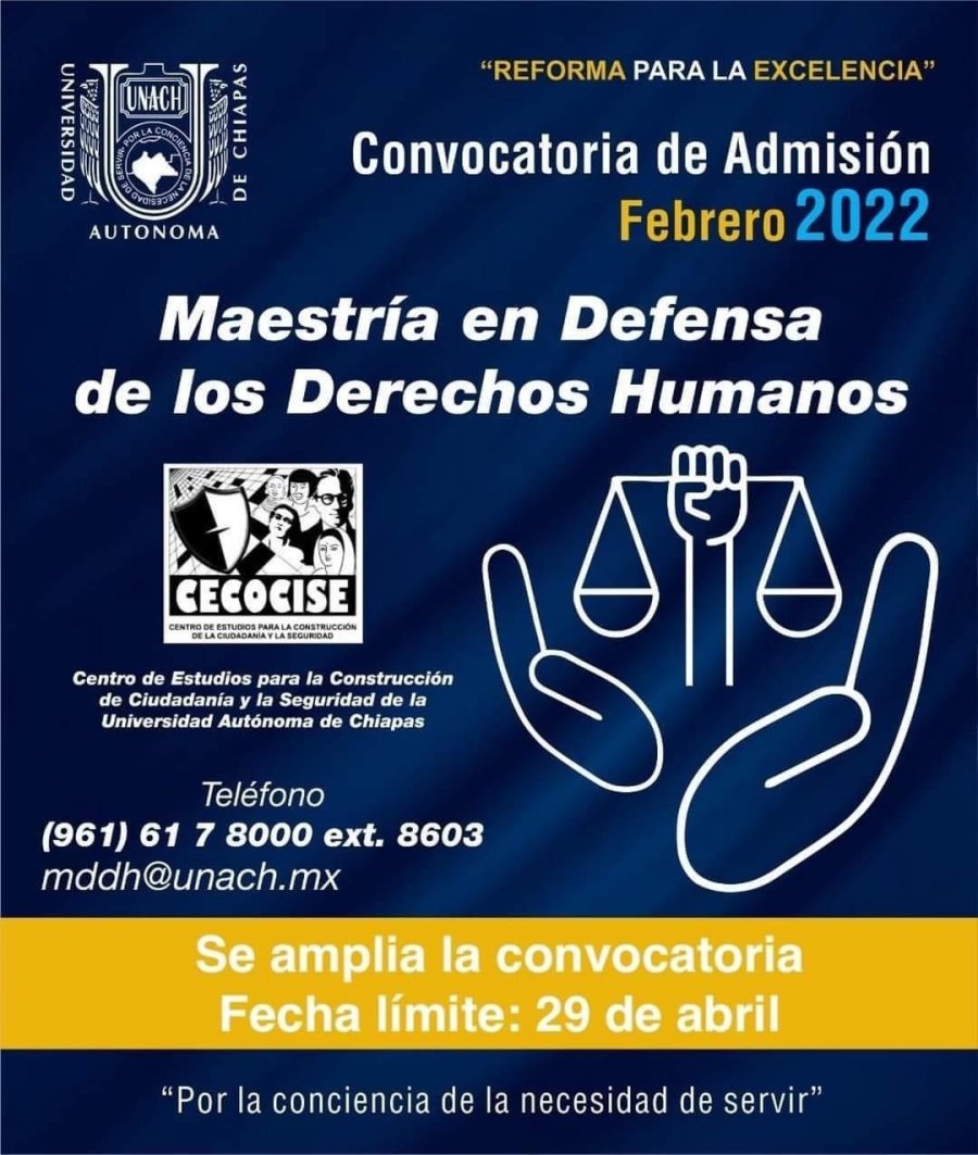 Amplia UNACH periodo de la convocatoria de la Maestría en Defensa de los Derechos Humanos