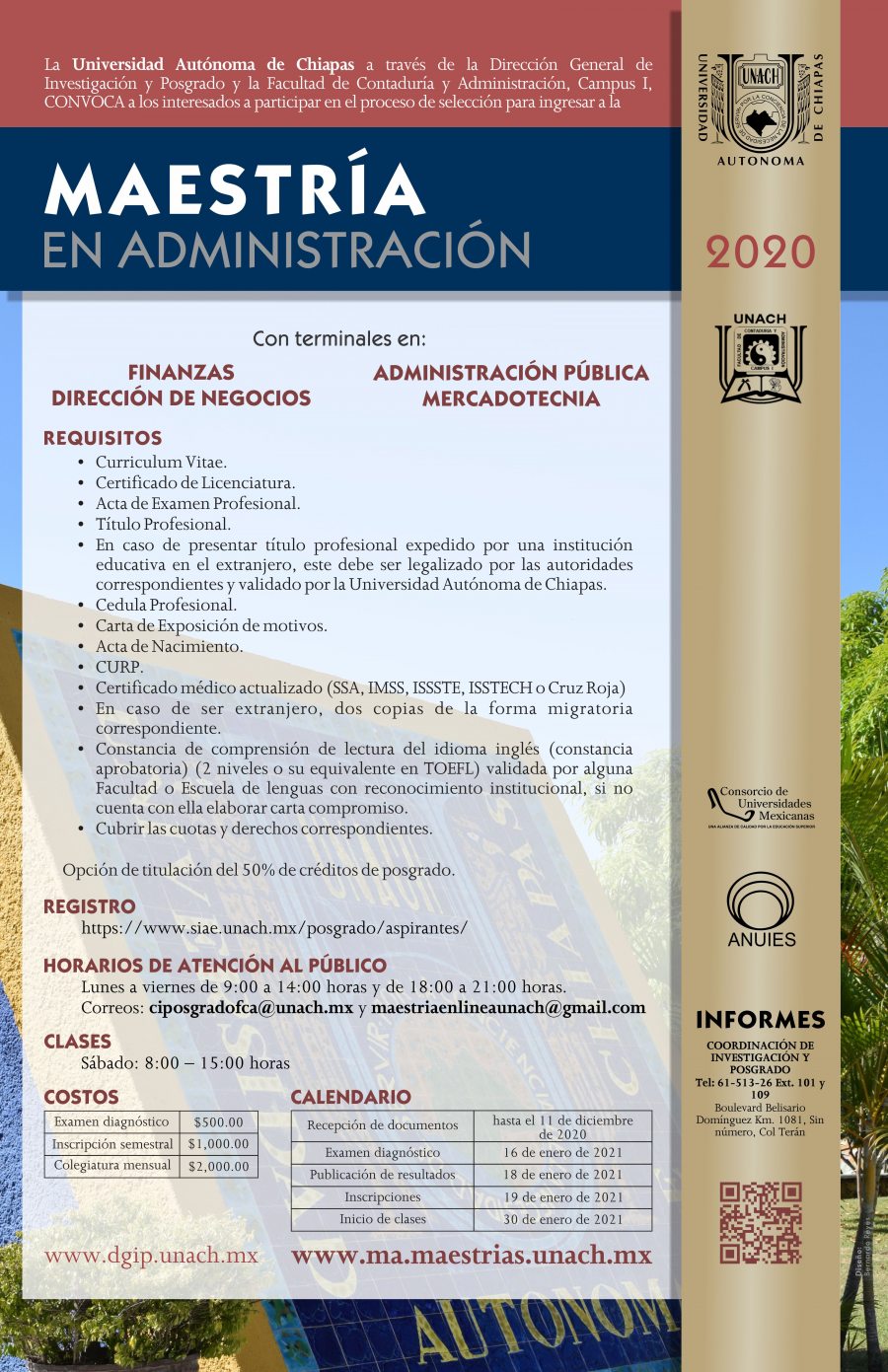 Lanza UNACH convocatoria para Maestría en Administración