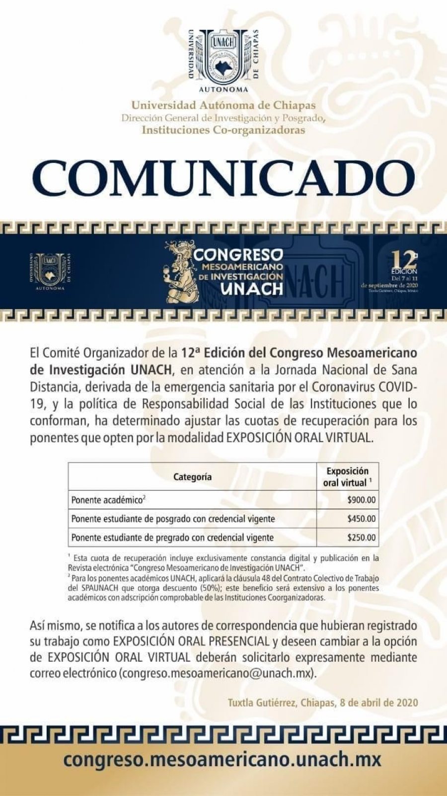 Informa UNACH el ajuste a las cuotas de recuperación para los ponentes del Congreso Mesoamericano de Investigación