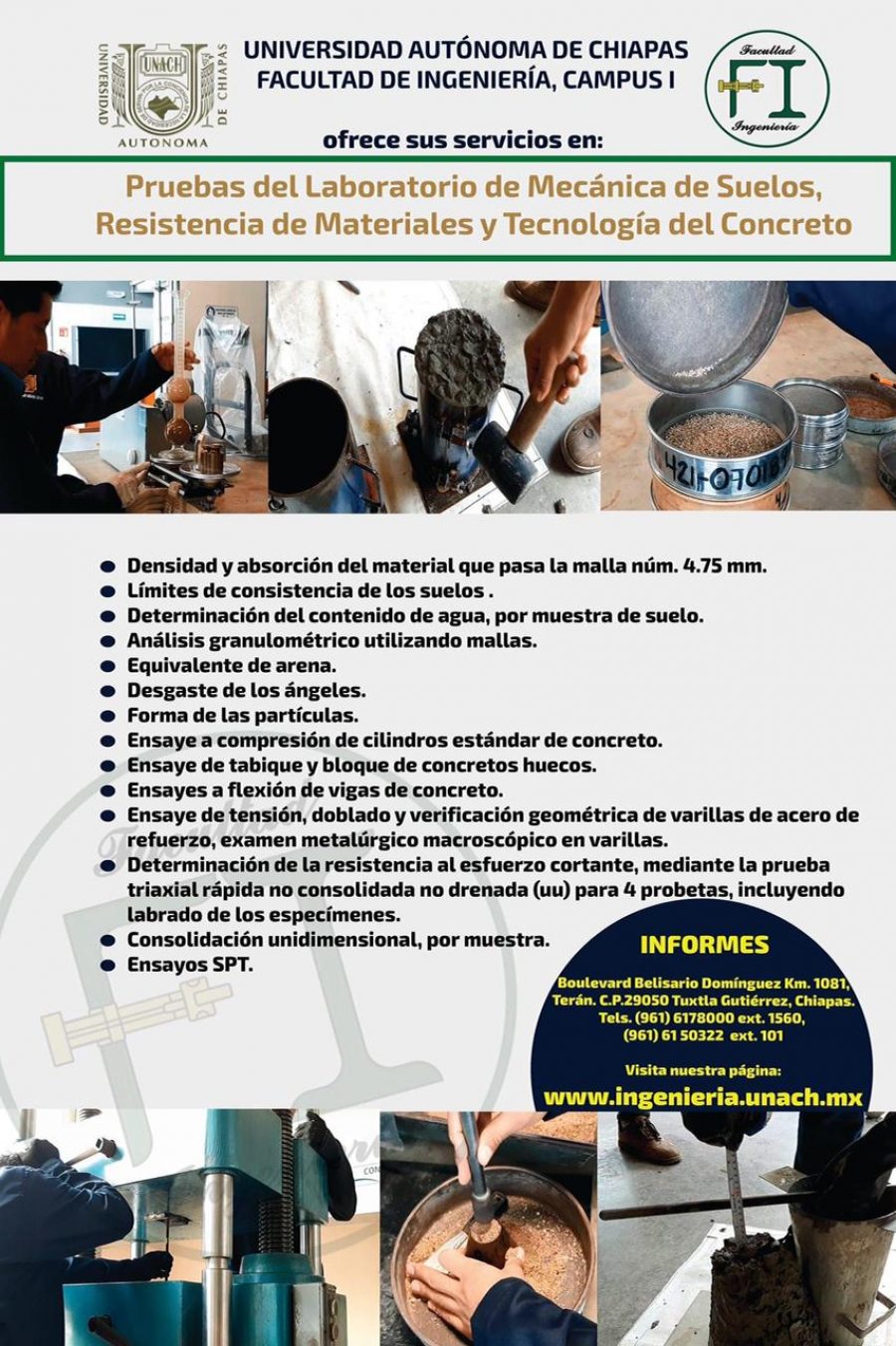 Funciona en la UNACH Laboratorio de Mecánica de Suelos, Resistencia de Materiales y Tecnología del Concreto