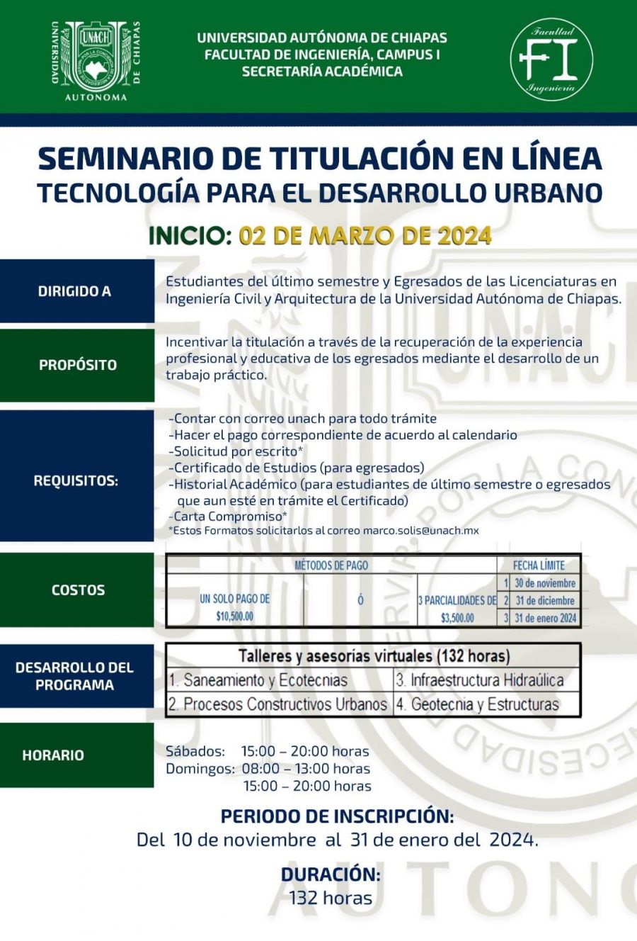 Convoca UNACH cursar el Seminario de Titulación en Línea Tecnología para el Desarrollo Urbano.