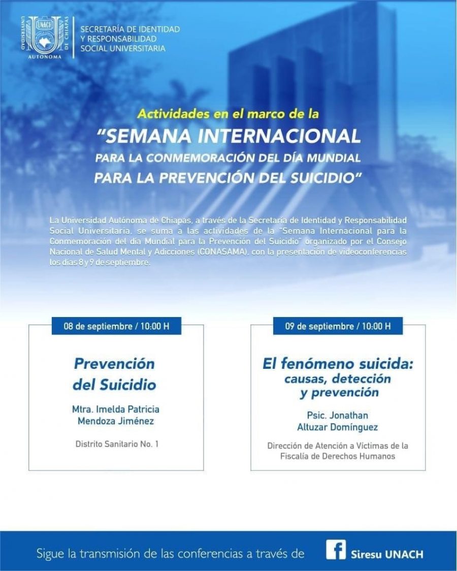 Organiza UNACH videoconferencias para conmemorar el Día Mundial para la Prevención del Suicidio