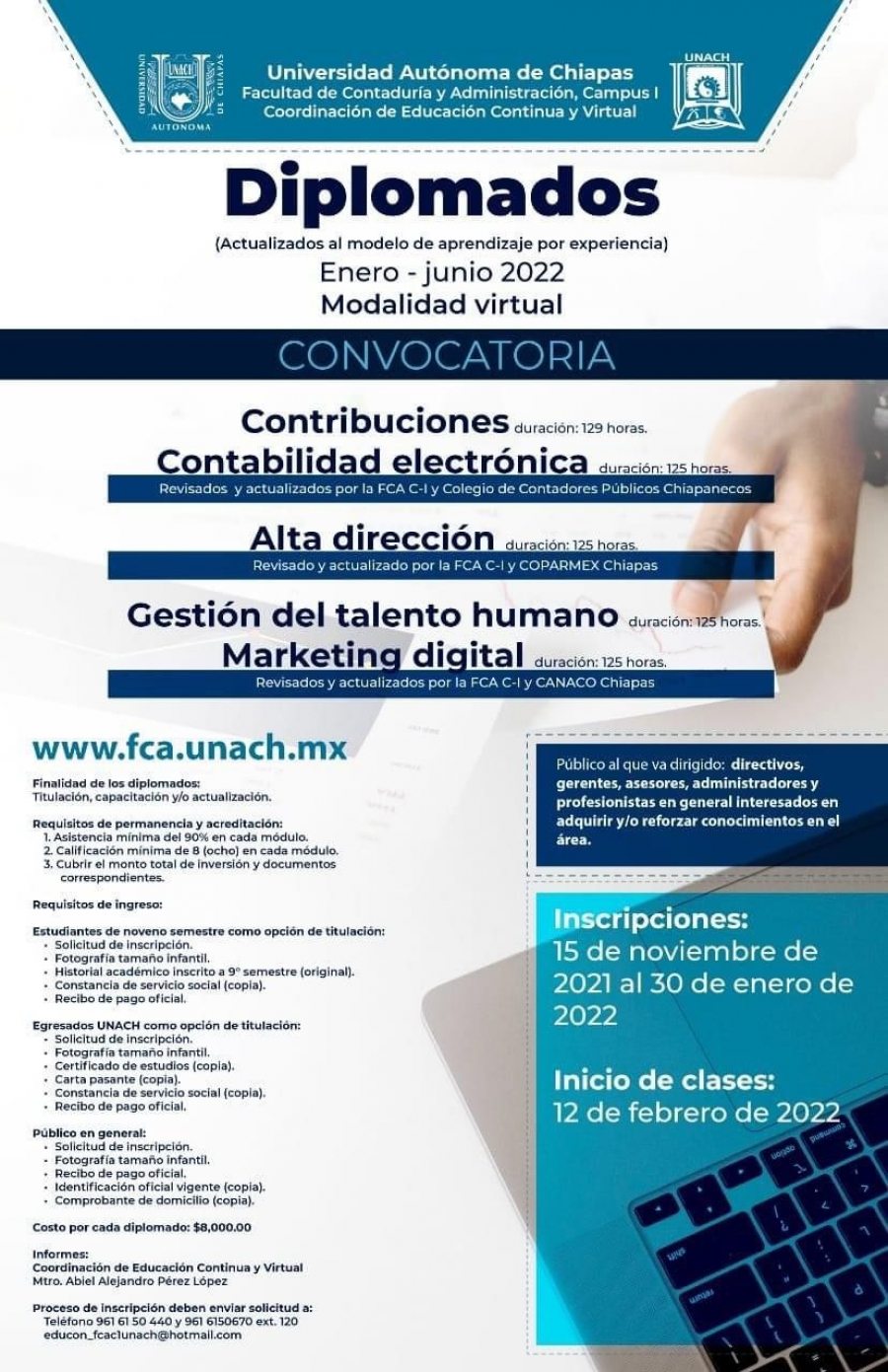 Continúa abierta convocatoria de Diplomados  que ofrece la Facultad de Contaduría y Administración de la UNACH