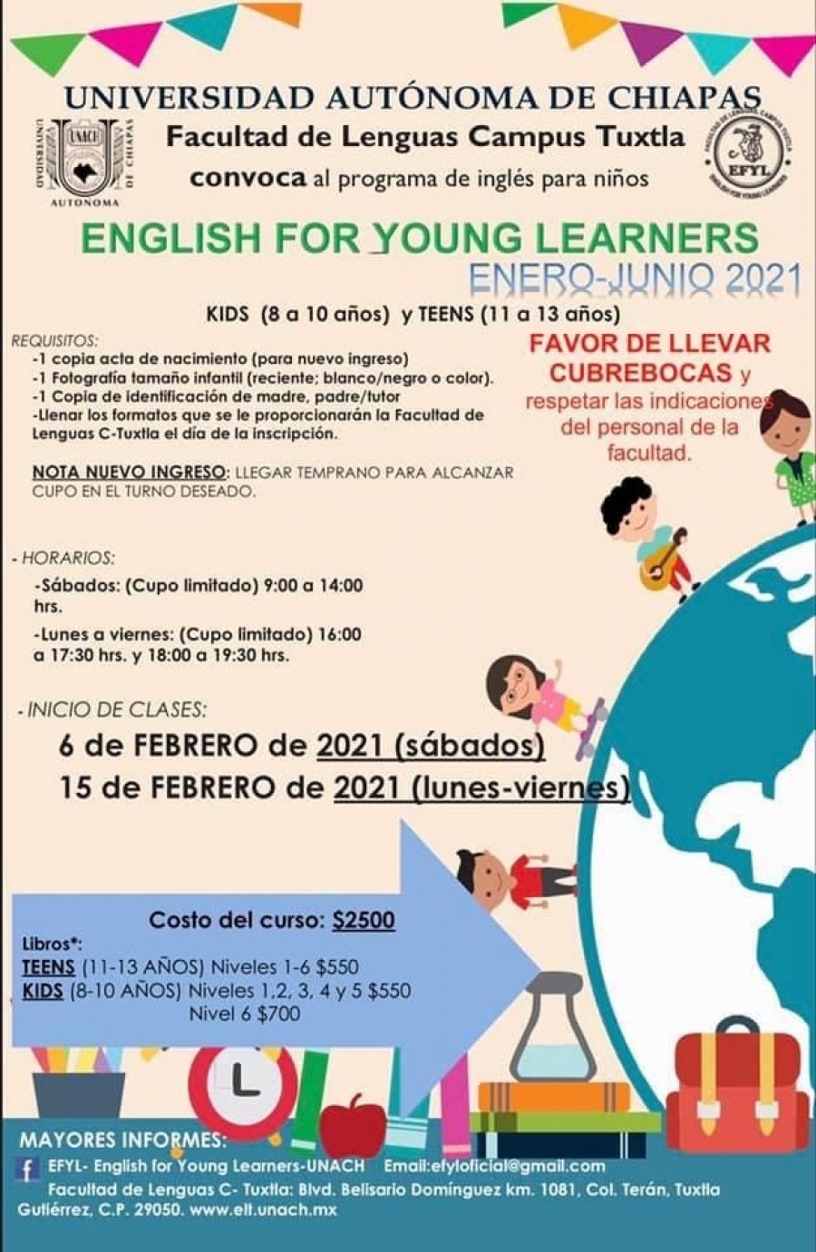 Lanza Facultad de Lenguas Tuxtla de la UNACH convocatoria para cursos de inglés para niños de 8 a 13 años