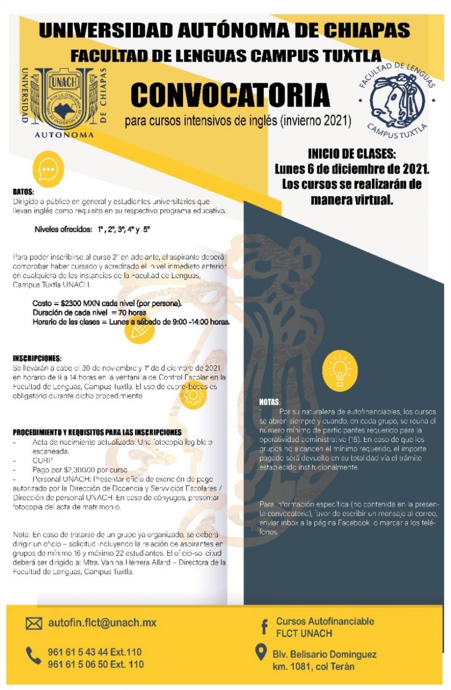 Abre UNACH convocatoria para los Cursos Intensivos de Inglés Invierno 2021